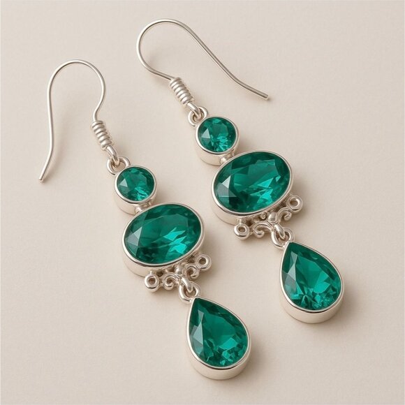 Paraiba Tourmaline ✦ 3-Stone Drop Earrings ✦ Sterling Silver Handmade Statement - Picture 3 of 11